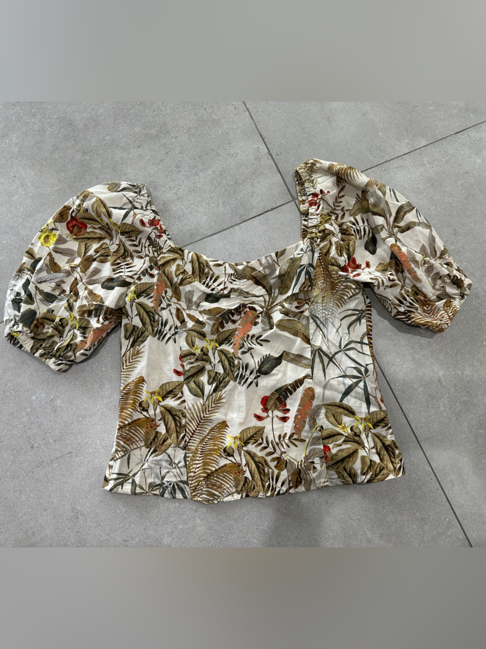 Floral Tropical Puff Shoulder Print Top - White/Green